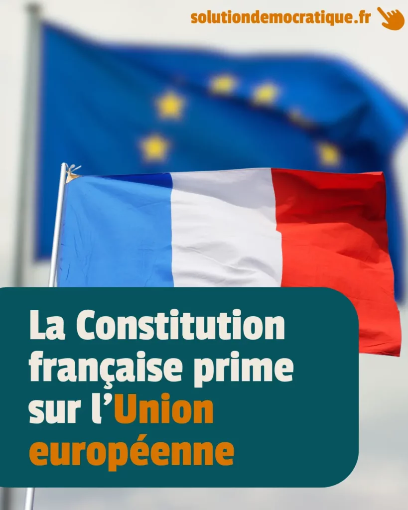 la constitution française prime sur l'union européenne, drapeau de l'europe flou devant le drapeau français, illustrant que les citoyens français peuvent être libres dans leur choix sans forcément passer par le frexit