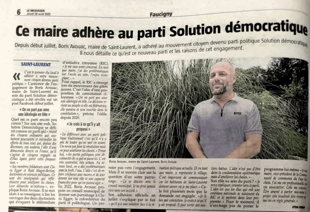 adhésion d'un maire d'un village de haute savoie au parti politique solution démocratique