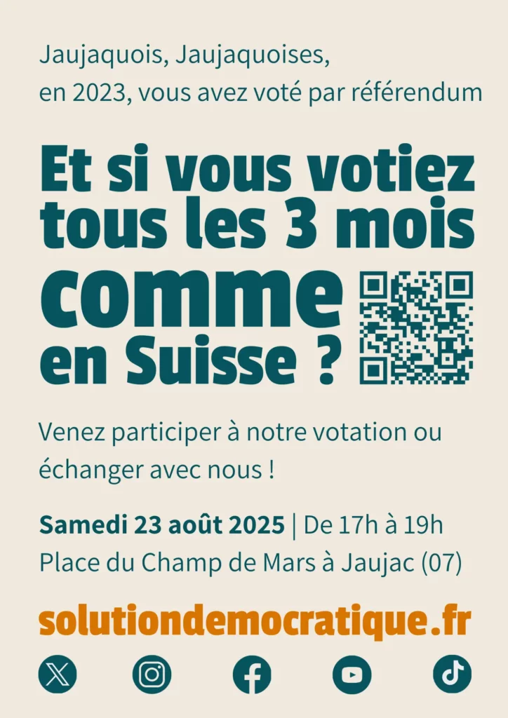 affiche d'un événement organisé à jaujac en ardèche par solution démocratique